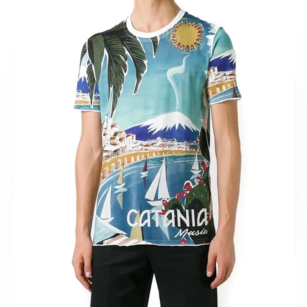 Dolce & Gabbana Teal Blue Catania Print Cotton Ringer T-Shirt  Large (IT 52). 17